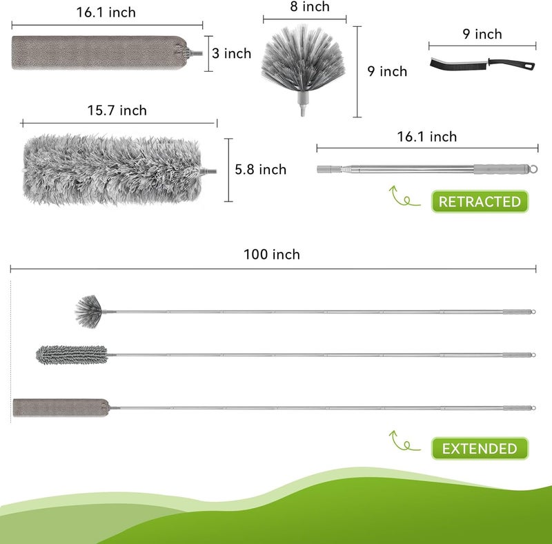 MimAuto 100-inch Duster with Extension Pole, 9-in-1 Cobweb Duster Kit Includes Spider Web Brush & Flat Gap Cleaner for High Ceiling, Fan, Under Appliances, Car, Home Deep Cleaning - Image 4